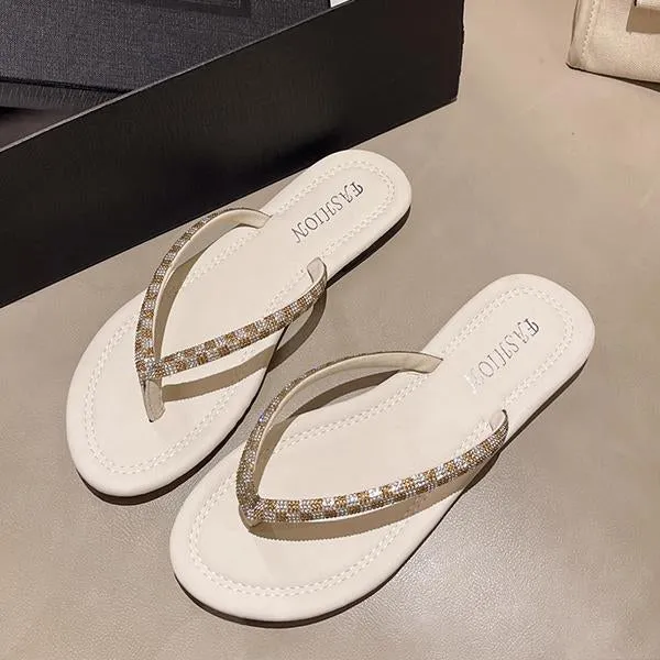 Women's Casual Rhinestone Flat Beach Flip Flops 85861560S