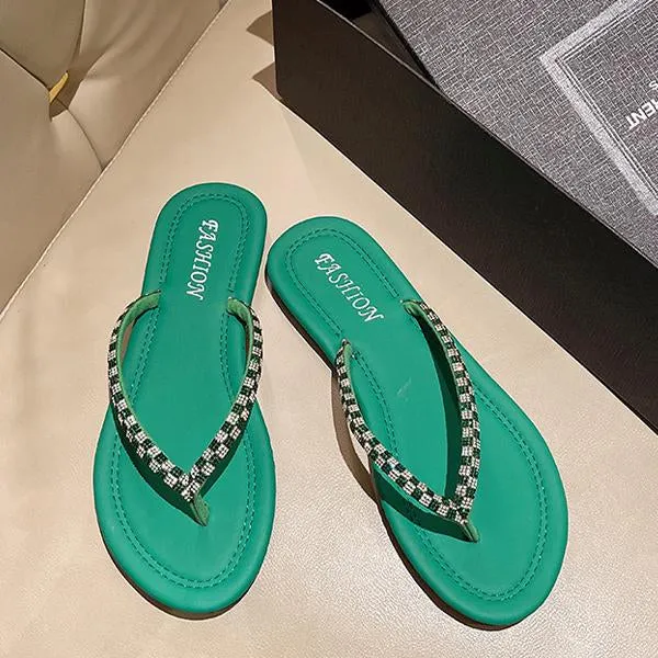 Women's Casual Rhinestone Flat Beach Flip Flops 85861560S