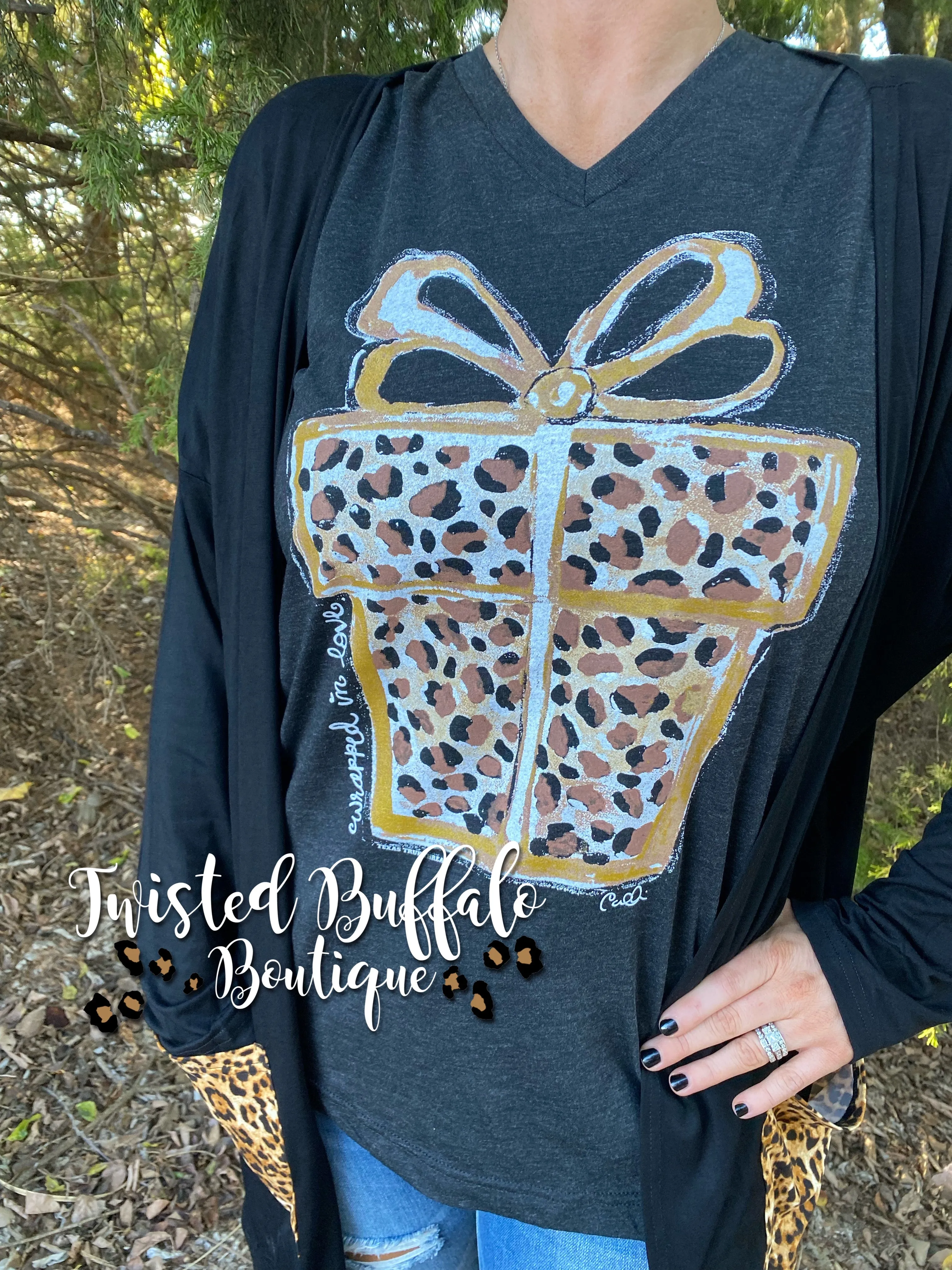 {WRAPPED IN LOVE} Leopard Present Heather Black V-Neck Tee